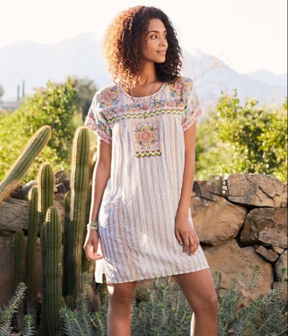 JOHNNY WAS Tamia Peasant Tunic Dress Embroidered Floral Stripe Sz XS NWT $250 U2